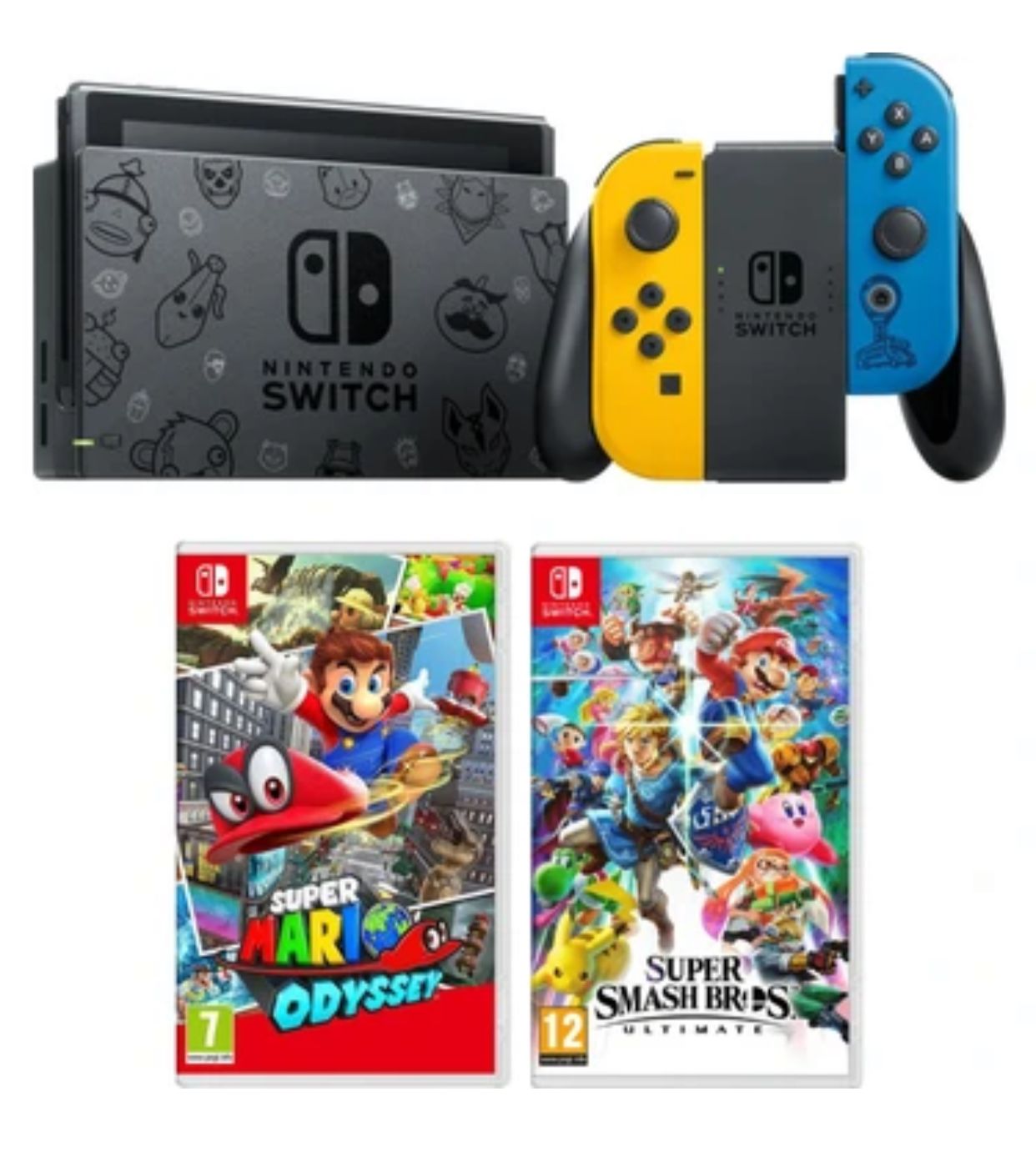 Nintendo Switch Fortnite Wildcat Edition Konsol + Super Mario Odyssey + Super Smash Bros Ultimate